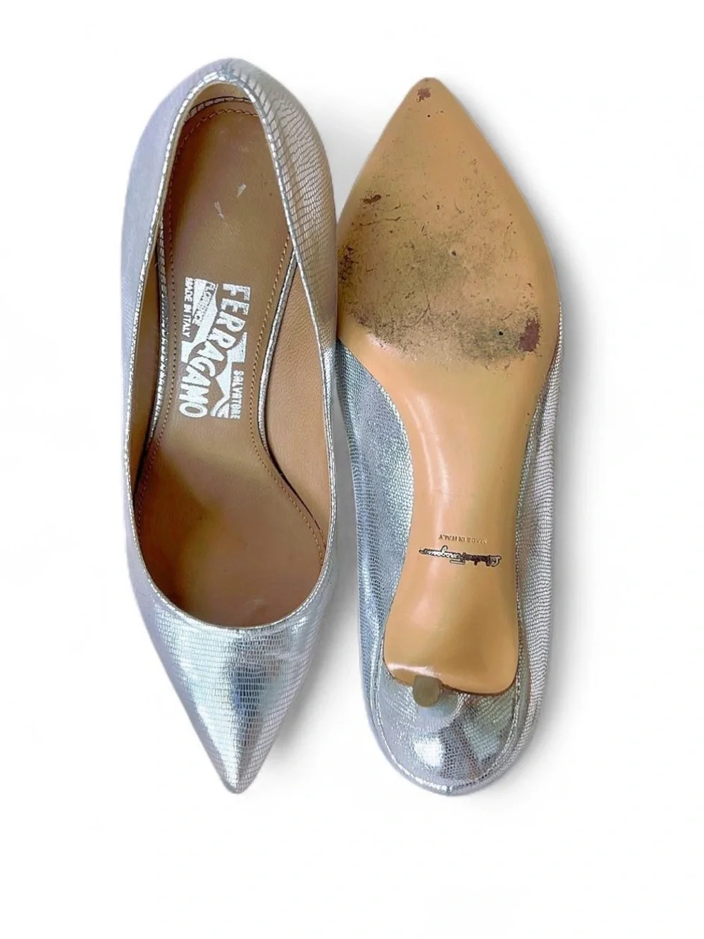 Salvatore Ferragamo Silver Metallic Heels Size 7   #glamour #eveningwear #design